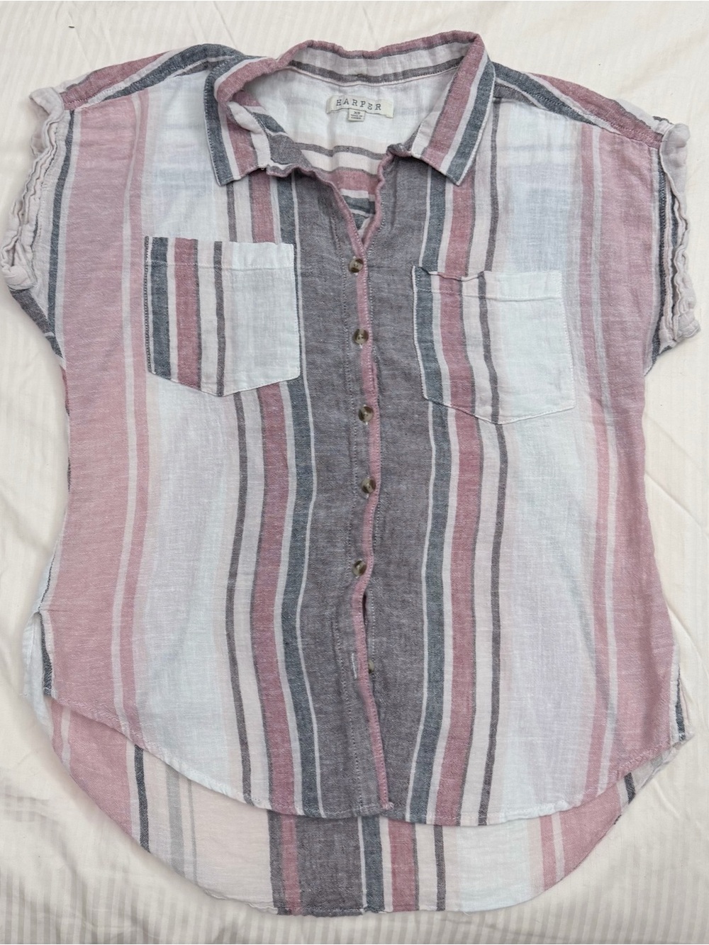 Harper Striped Button-Front Short Sleeve Shirt in Pink, Gray & White Size XS